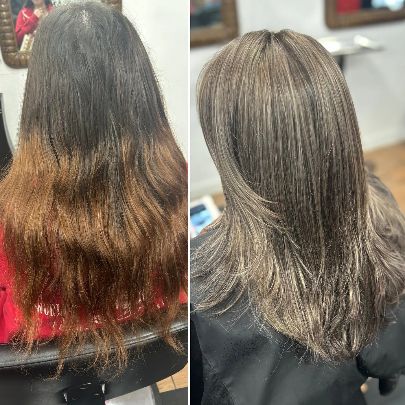 Side-by-side before and after of brassy hair turned ash blonde